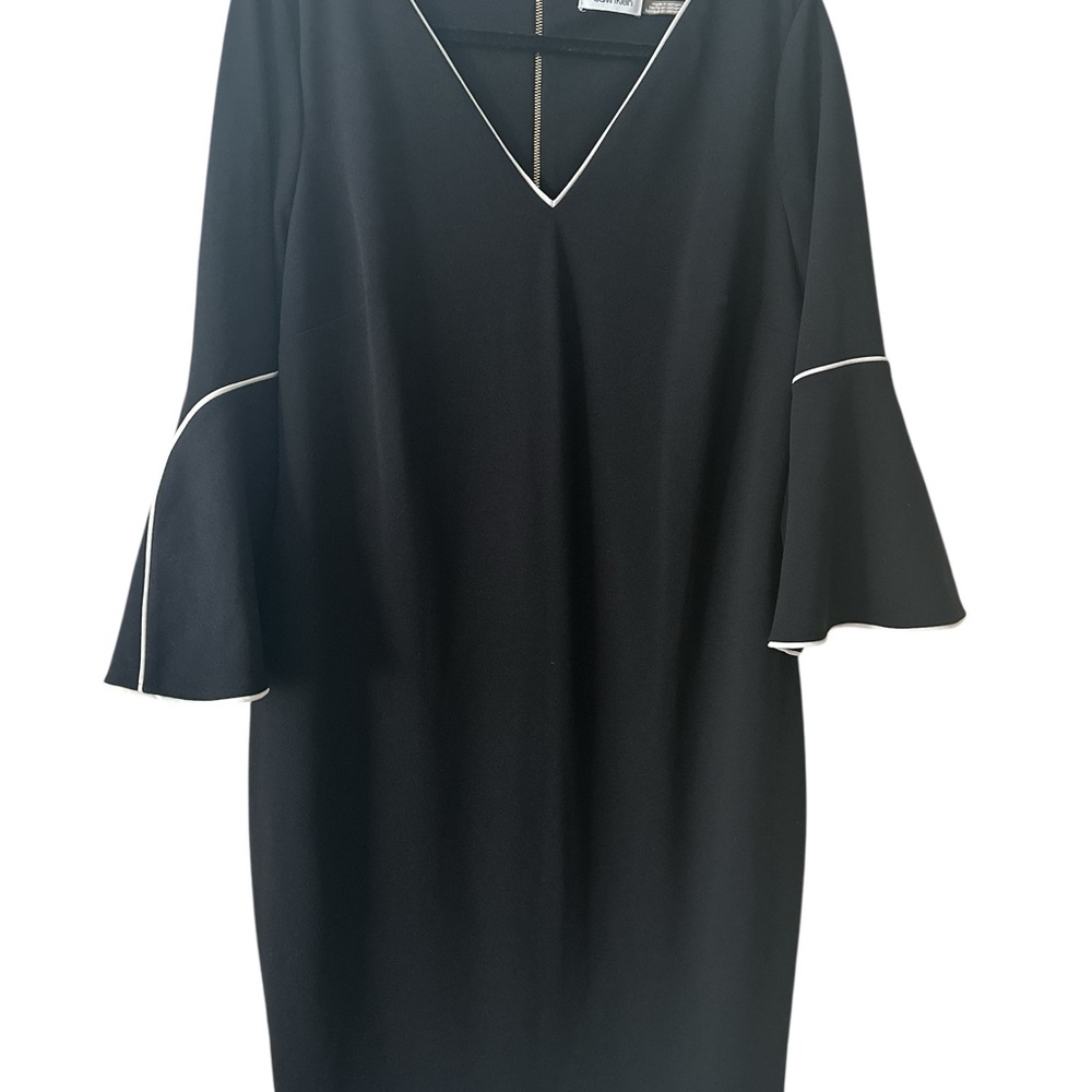 Calvin Klein Black V-Neck Dress White Piping Bell Sleeve Gold Zip size L